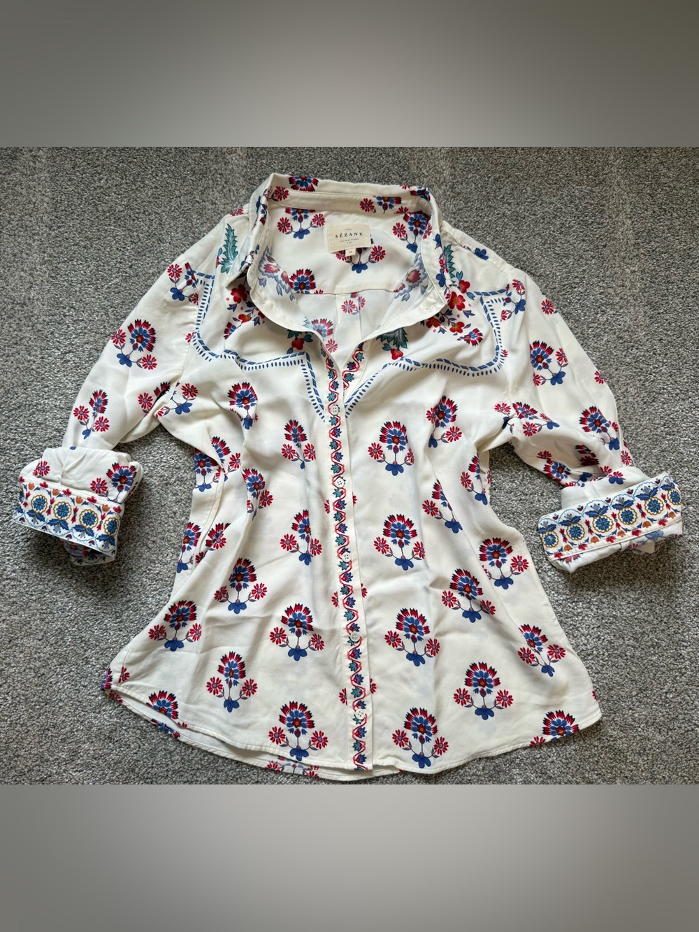 Sézane Floral Collared Button Long Sleeve Blouse Size 38/M Ivory Red & Blue